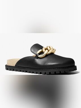 Michael Kors Black Leather Slip-On Mules with Gold Chain